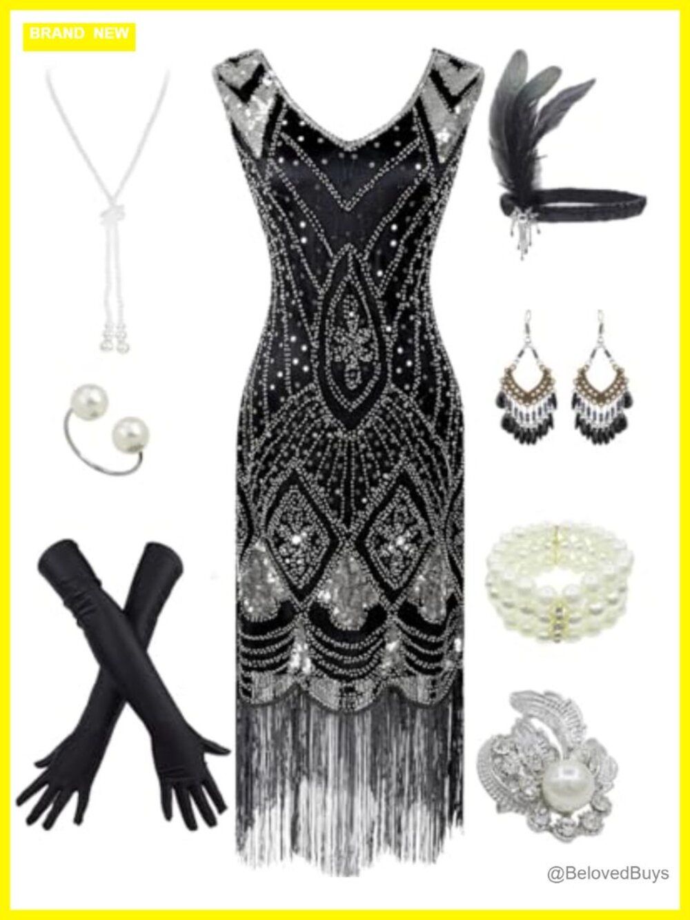 1920s Sequin Fringe Flapper Dress w/ Accessories